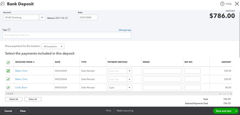 Screen where you can record a new deposit in QuickBooks Online