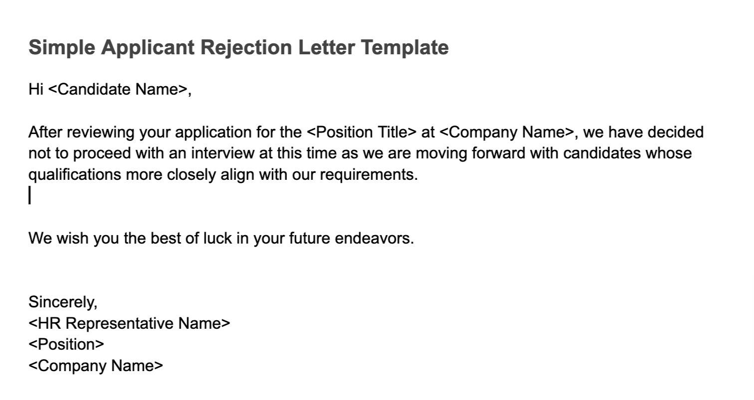 A template for a Simple Application Rejection Letter.