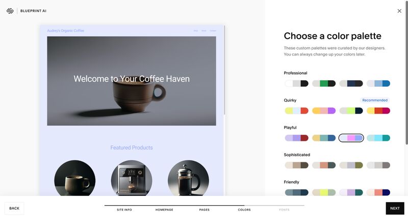 Squarespace's AI website builder with a prompt to choose a color palette for your site.