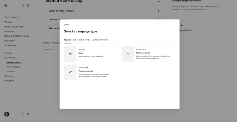 Squarespace's prompt to select an email campaign type.
