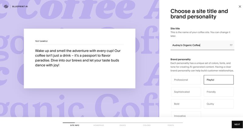 Squarespace's prompt to choose a title and brand personality for your website.