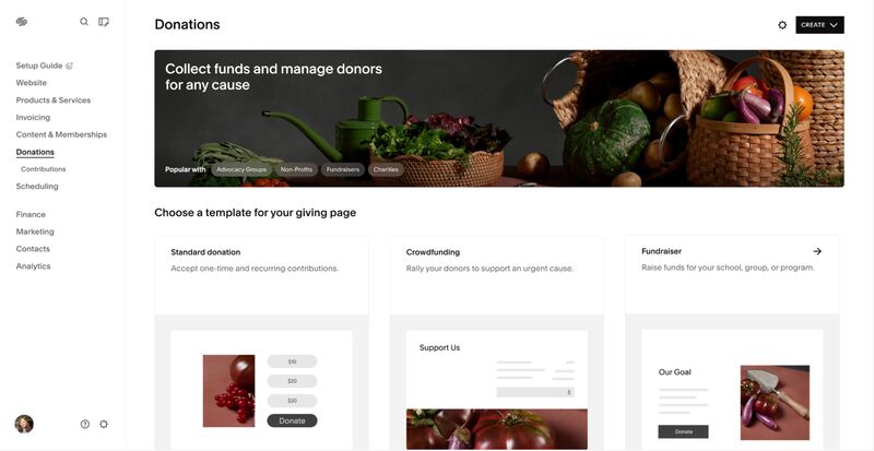 The Donations section in Squarespace with options to set up donations, crowdfunding, and fundraisers.