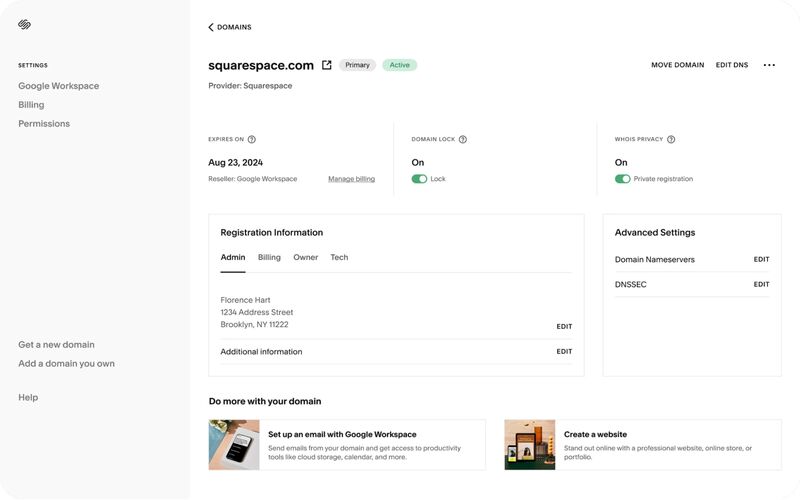 Squarespace's domains dashboard with sections for various settings.