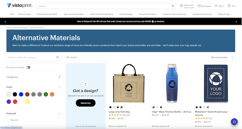 Vistaprint's selection of branded alternative promotional items featuring a jute tote-bag, insulated water bottle and moleskine writing journal.