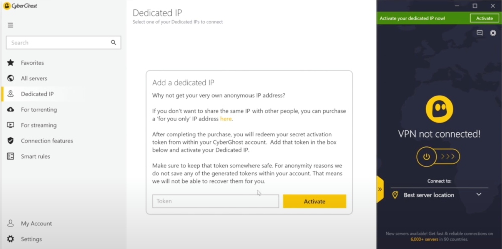A pop-up window for activating a dedicated IP through the CyberGhost desktop app.