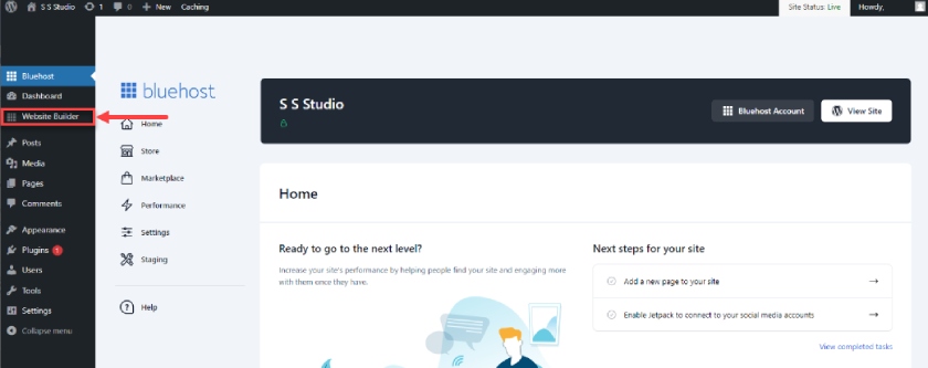 Bluehost's WonderSuite website-building for Wordpress showing the block-based editing interface.