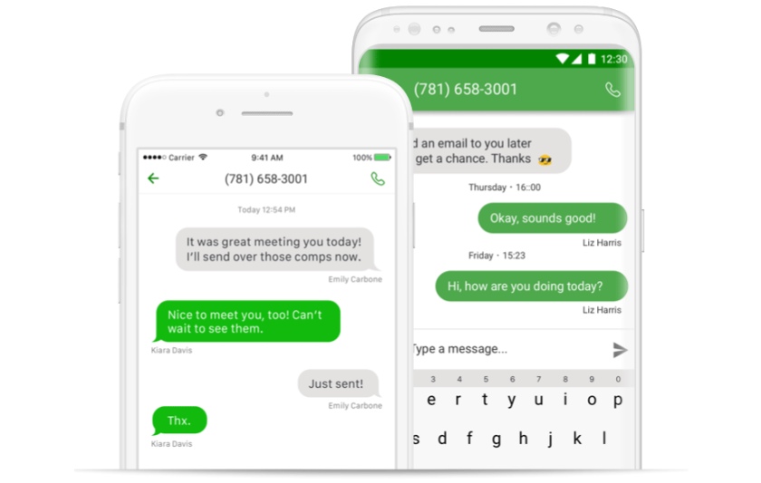 Cell phone screens with Grasshopper text messaging conversation.