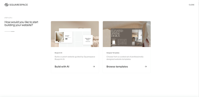 Choice prompts for building a website with AI or browsing templates on Squarespace in the website building Wizard.