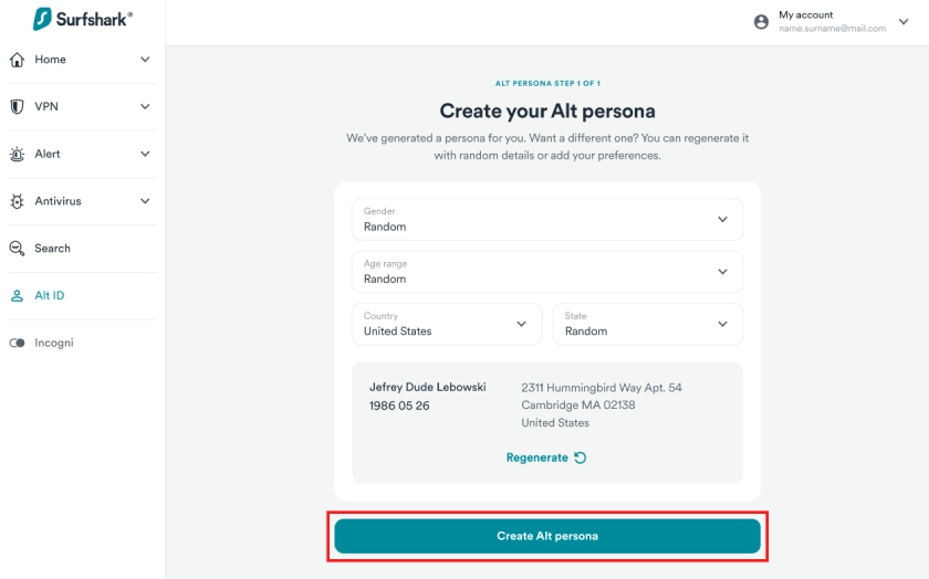 How to create your alternative online identity through Surfshark's user portal.
