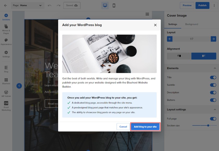 Interface in Bluehost for adding a blog to Squarespace with popup for adding the section to the site.