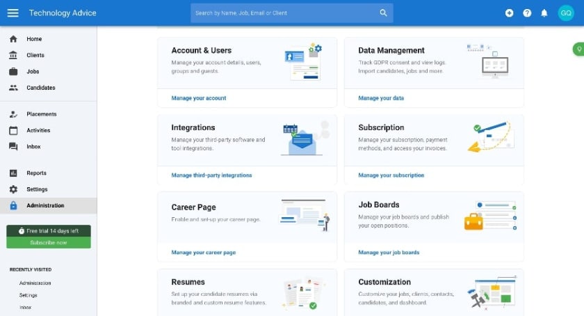 Manatal's Admin interface gives you an overview of all the tasks you have.