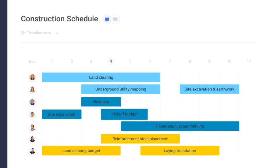 A sample construction timeline in monday CRM.