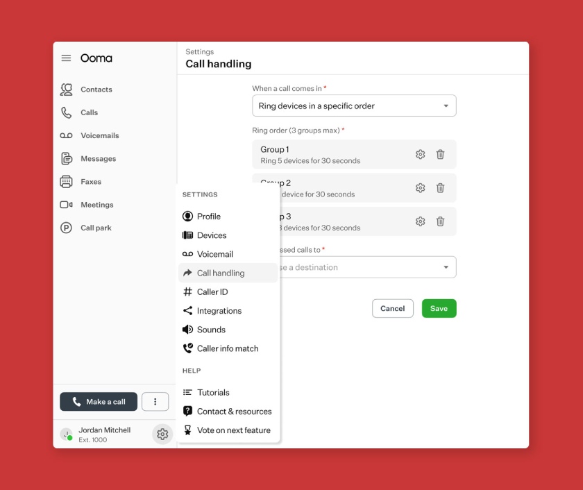 Ooma call handling settings featuring ring order.