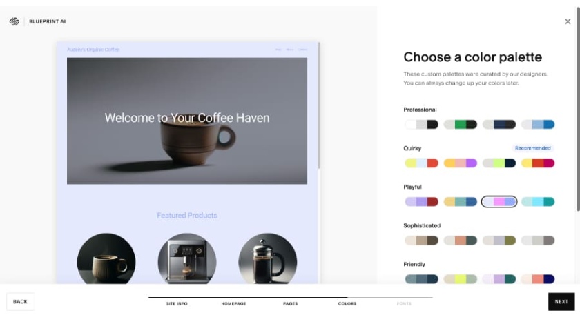 Squarespace's AI website builder with prompts to choose a color palette.