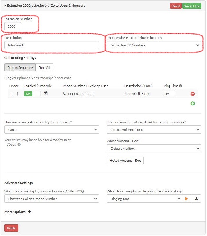 Talkroute admin portal with settings for assigning a multidigit extension to specific individuals.