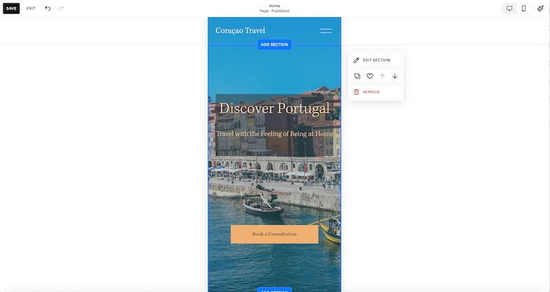 The Coraçao travel website showing the user how the website will appear on mobile devices and allowing users to tweak the design for that format without changing the desktop view.