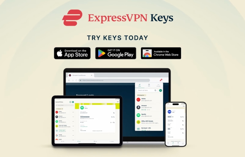The ExpressVPN interface displayed on a desktop screen, tablet, and smartphone.