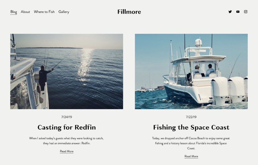 The Fillmore blog template in Squarespace showing deep sea fishing boats out on the water.