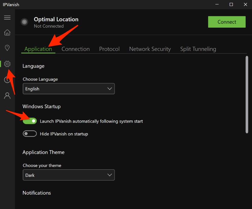 The IPVanish configuration settings for launching a VPN on startup.
