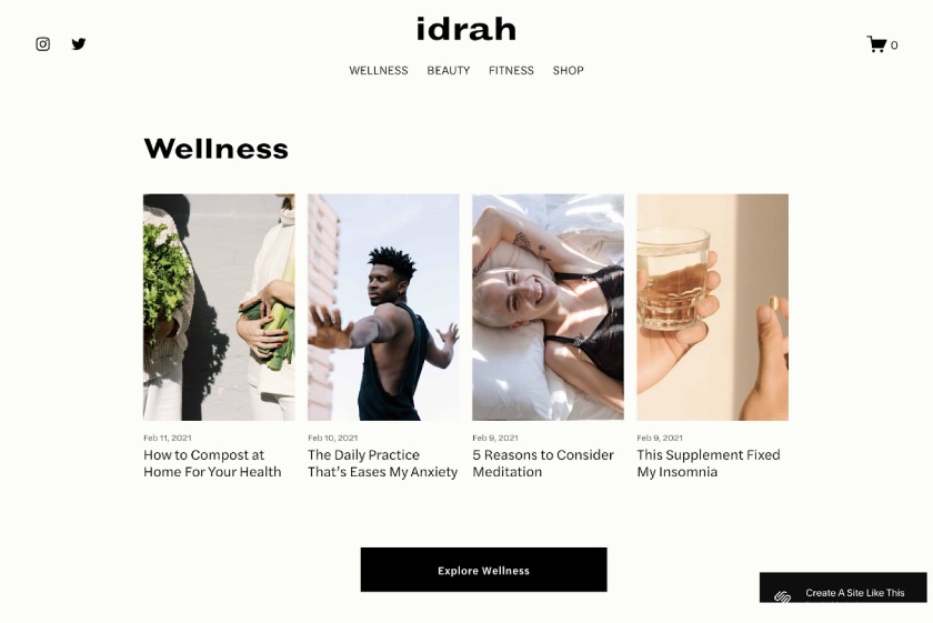 The Idrah blog template in Squarespace showing four blog post entries running horizontally across the page.