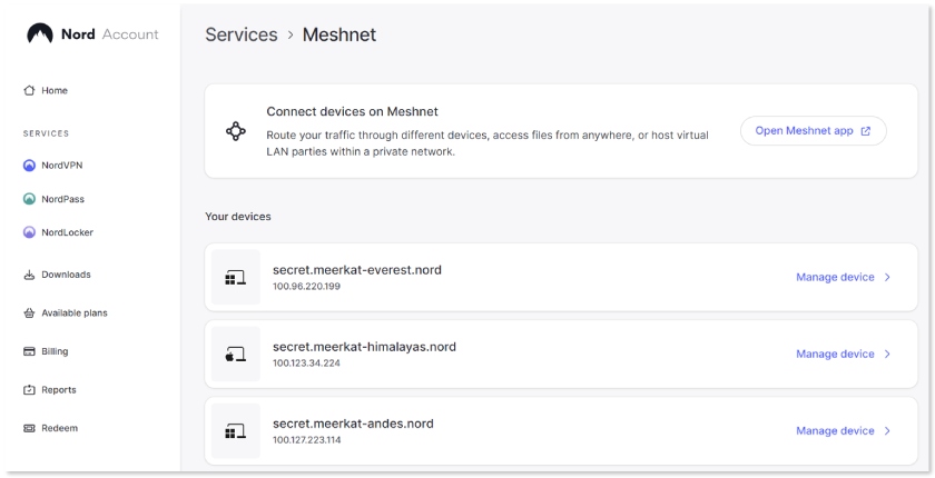 The Meshnet configuration options on a Nord Account.