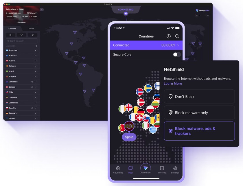 The Proton VPN NetShield activated on desktop and smartphone.