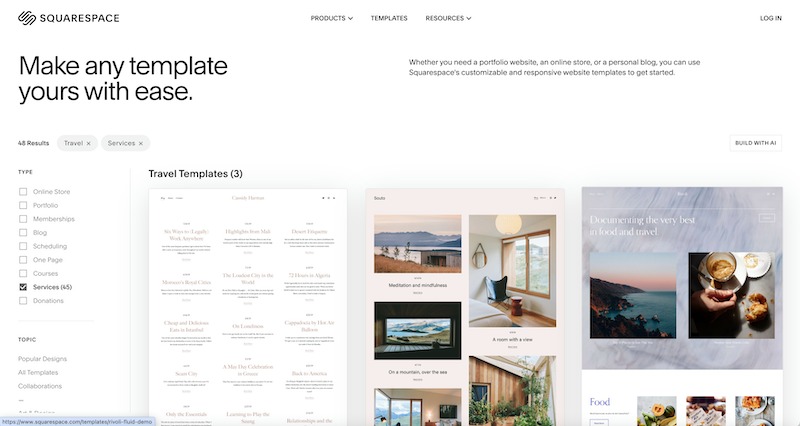 The template selection page where users can pick from numerous templates based on industry and topic.