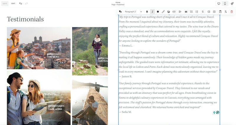 The testimonial page for Coraçao Travel with images of various young people and families traveling, selected from the included stock image library, as well as three testimonials written by the blueprint AI text generator.