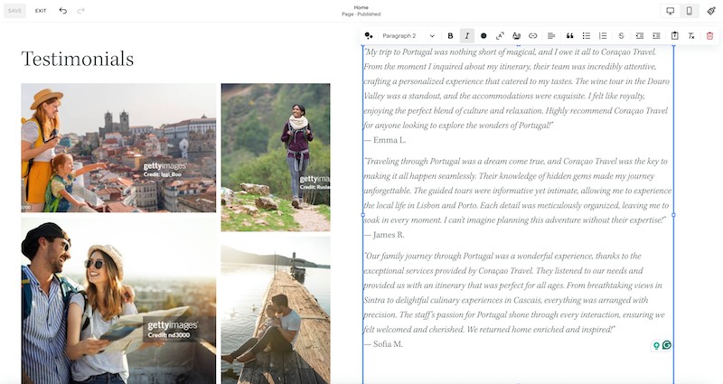 The testimonial page for Coraçao Travel with images of various young people and families traveling, selected from the included stock image library, as well as three testimonials written by the blueprint AI text generator.