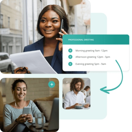 Three different people listening to eVoice call greetings on the phone.