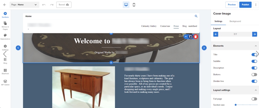 WonderSuite block-based website builder with sample furniture website showing the toolset for adding elements.