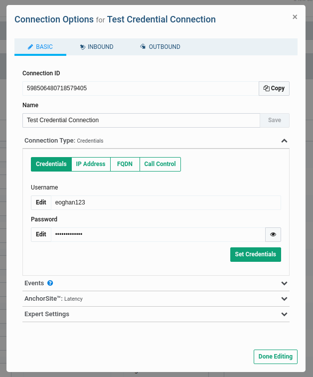 Setting up credentials and connection type for SIP trunking on Telynx.