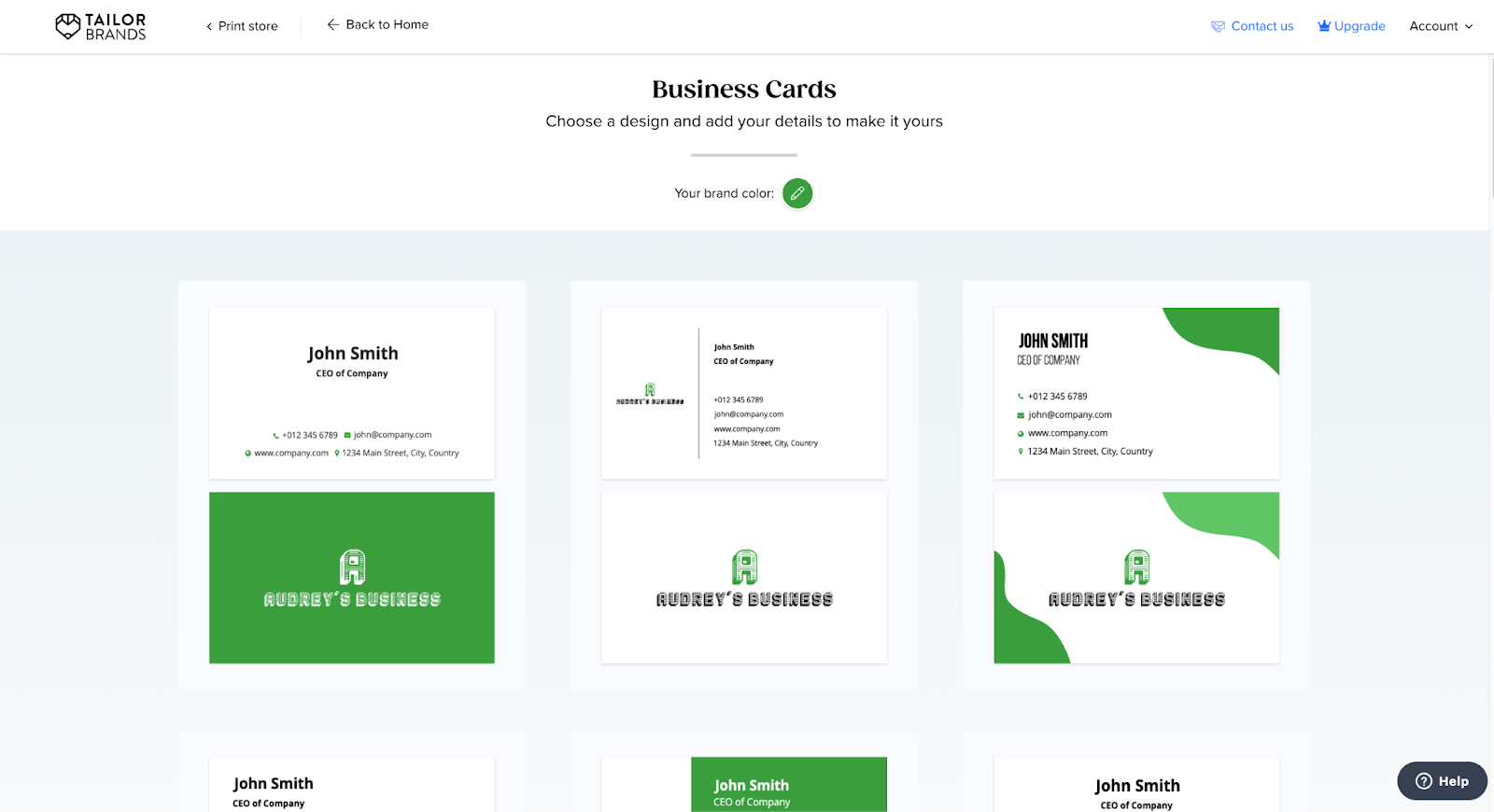 Various business card templates generated by Tailor Brands.