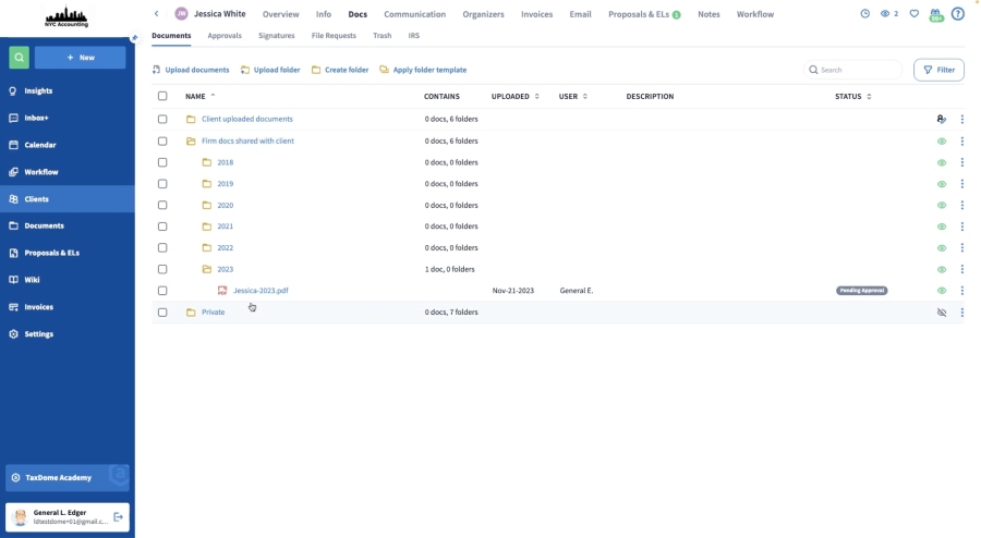 TaxDome dashboard showing uploaded tax files.