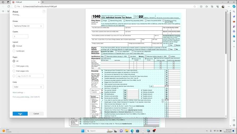 A tax form 1040 ready to be printed and uploaded using TaxDome.