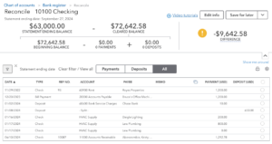 The bank reconciliation screen in QuickBooks Online.