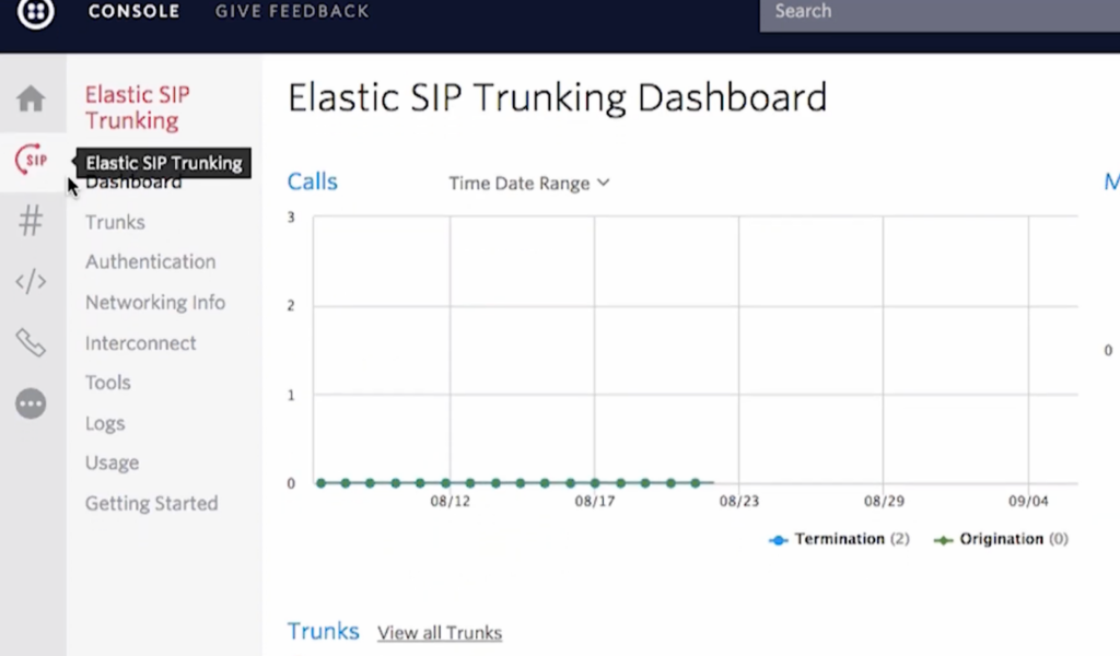 Twilio SIP trunking Console for setting up trunks and tracking SIP calls.