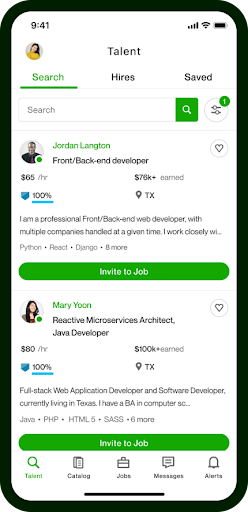 A mobile view of a freelance search with "Invite to Job" buttons.