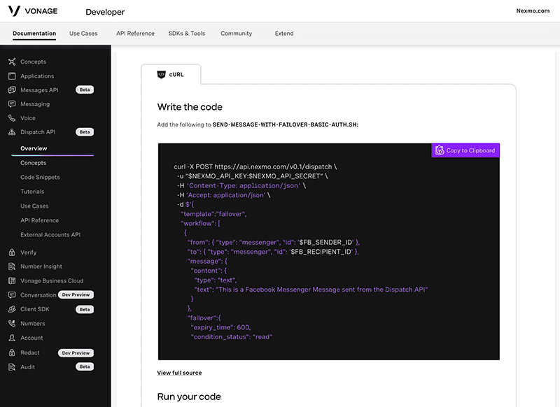 Vonage Developer knowledge base with a code overview for Dispatch API.