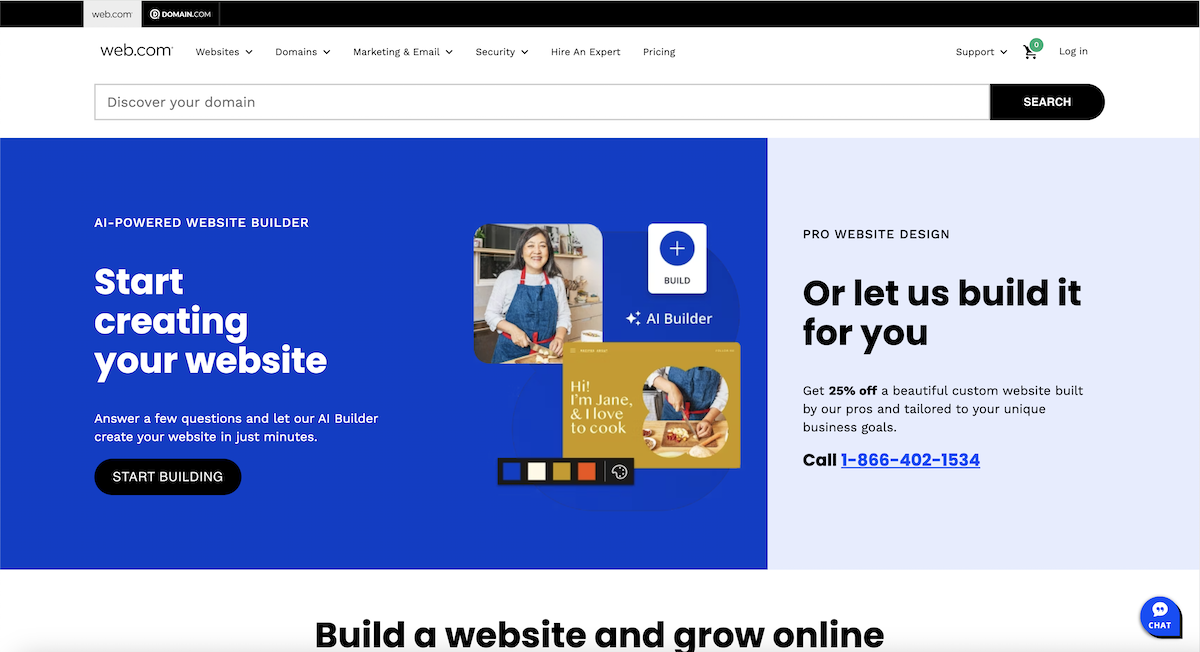 Web.com homepage with hero image of a middle-aged Asian woman in an apron cooking, plus headlines that read, "Start creating your website" and "Or let us build it for you."