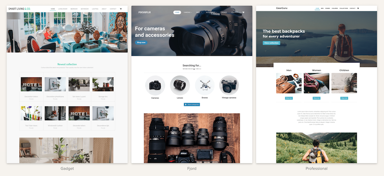 Webador template selector with three template examples: a hotel, a photography supply house, and backpack manufacturer.