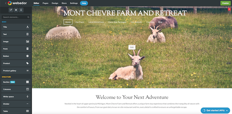 Webador page editor showing its simple drag-and-drop interface for building pages and a web page for Mont Chevre Farms.