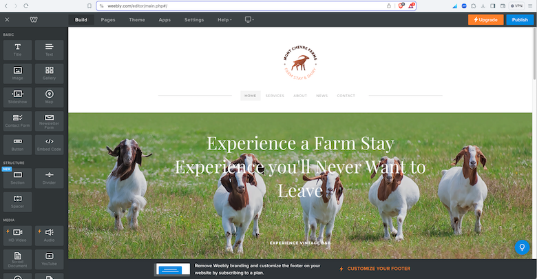 Weebly website builder interface showing a homepage for “Mont Chevre Farms” with drag-and-drop builder options on the left sidebar.