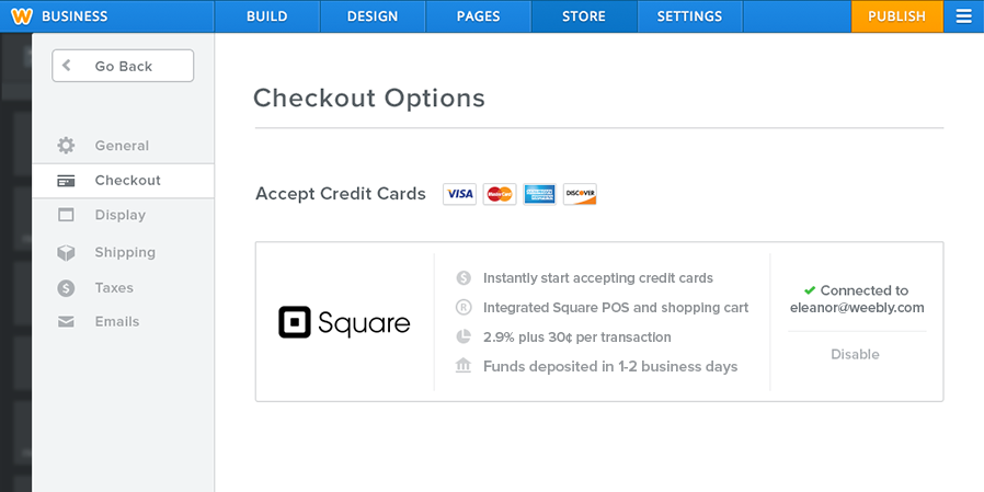 Weebly ecommerce payment option selector with credit card options and Square payment option front-and-center.