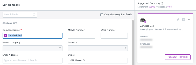 Zendesk Sell's sidebar showing an option to use prospect credit to add information to the lead or contact.