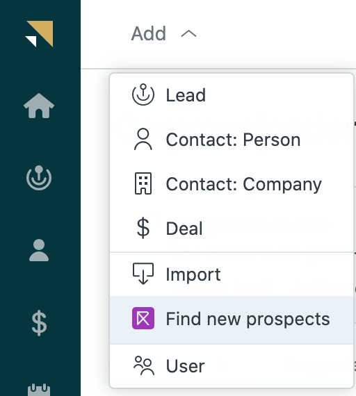 Zendesk Sell's menu option for finding new prospects.