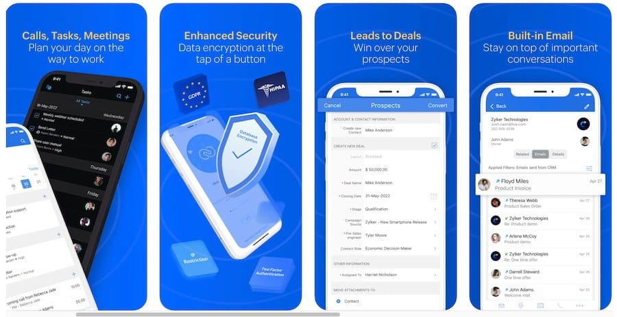 Several iPhone devices displaying the Zoho CRM mobile app for iPhone and its key features, which include task management, data encryption, lead conversion, and email integration.