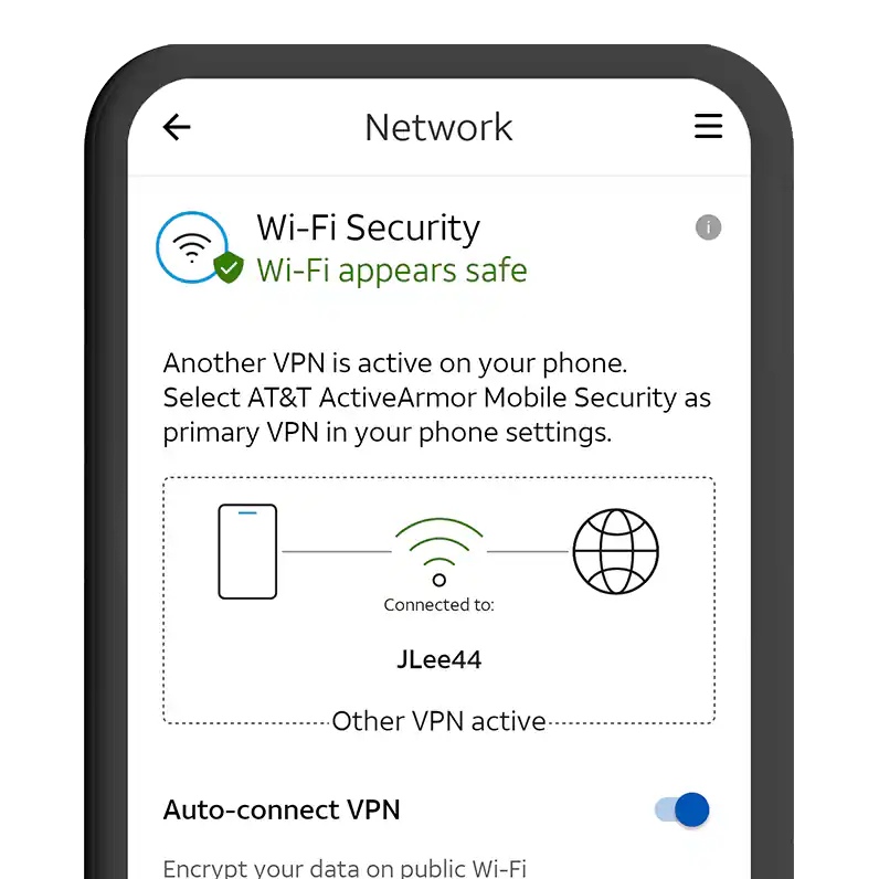 Smartphone showing a secure Wi-Fi protection screen with a shield icon.