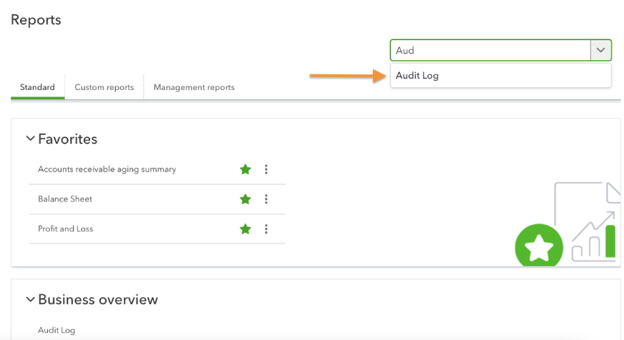 Screen showing how to access the audit log from the Reports section in QuickBooks.