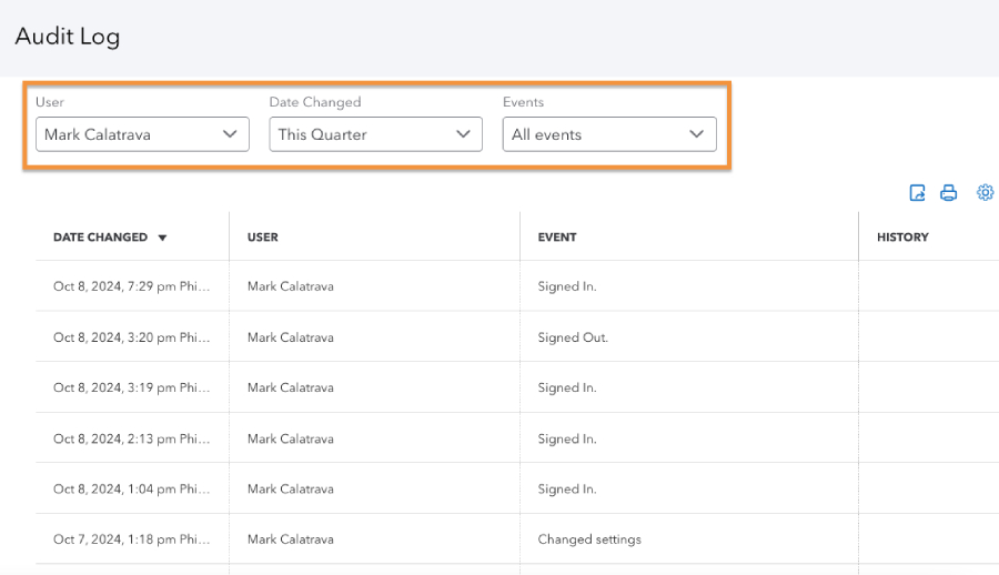 QuickBooks Online audit log highlighting the filter options.